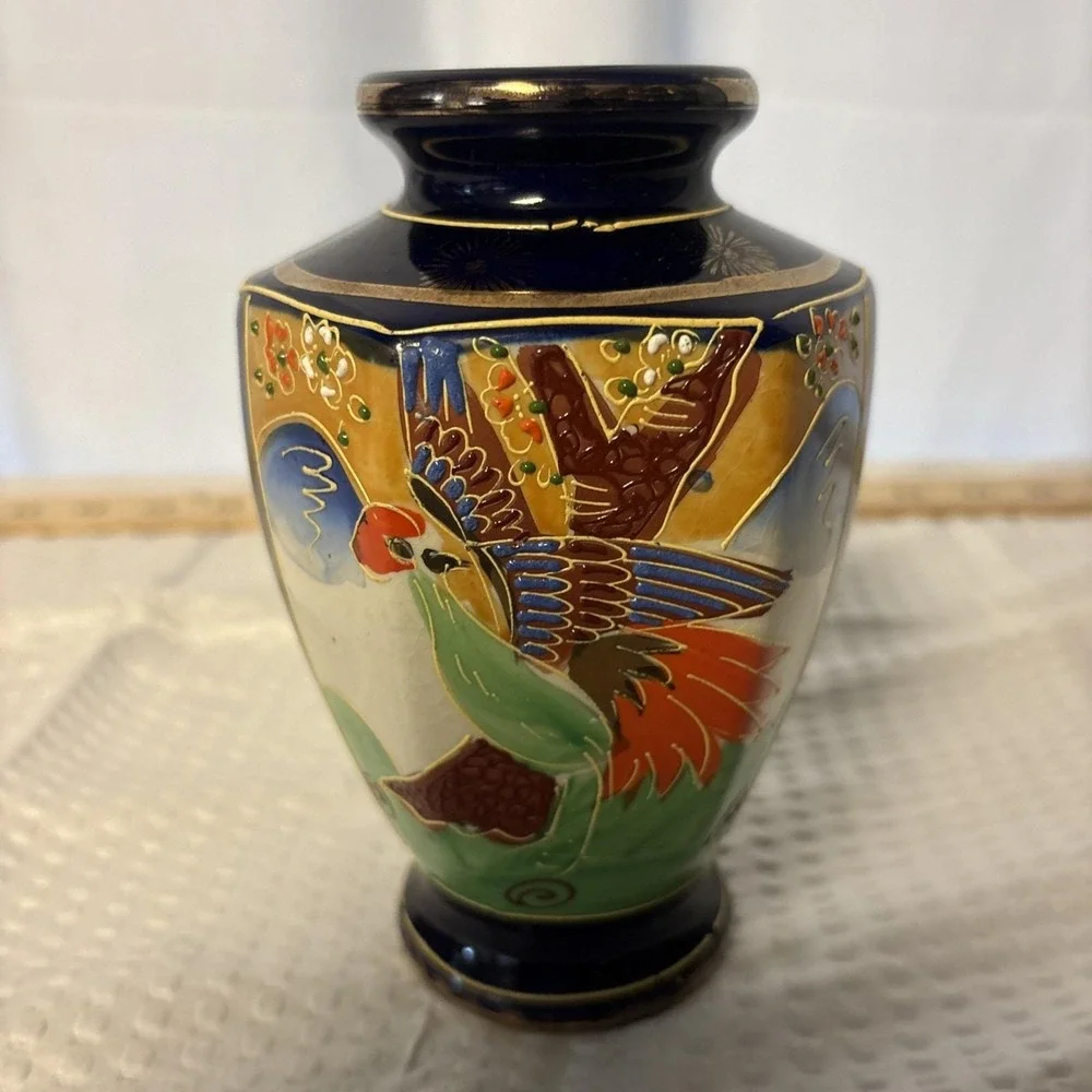 Vintage Cobalt Blue Japanese Satsuma Moriage 6